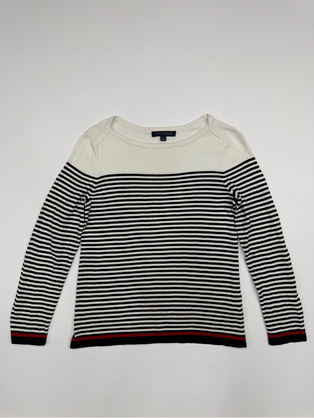 Tommy Hilfiger Navy & White Striped Crewneck Sweater with Red Trim 100% cotton